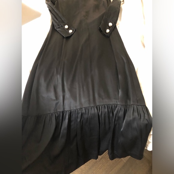 Black satin formal maxi dress with gold buttons and tiered bottom. - Picture 3 of 7